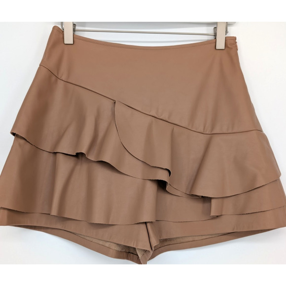 Do + Be Faux Leather Ruffle Skort Tan High Waist Mini Skort Medium Festival Boho - Picture 3 of 9